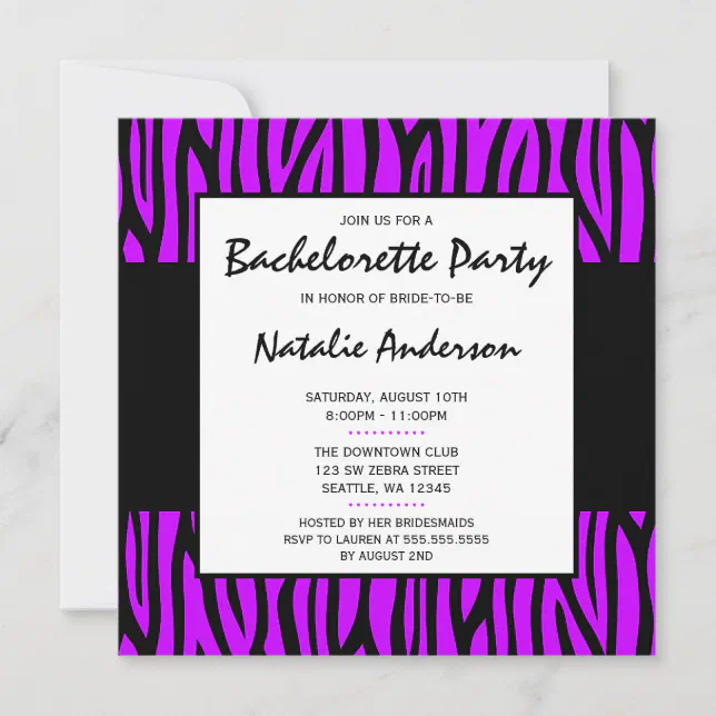 Purple Zebra Modern Bachelorette Party Invitation | Zazzle