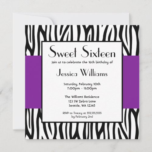 Purple Zebra Modern Sweet 16 Invitation