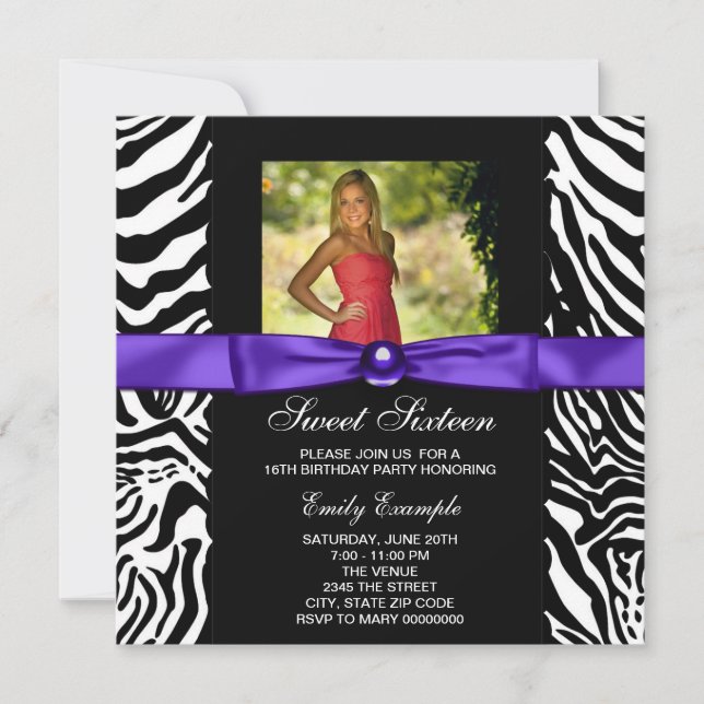 Purple Zebra Photo Sweet 16 Party Invitation (Front)