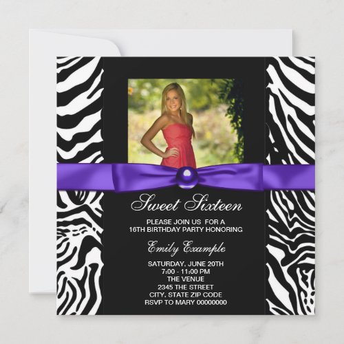 Purple Zebra Photo Sweet 16 Party Invitation