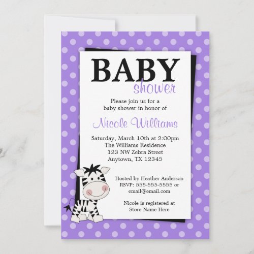 Purple Zebra Polka Dot Baby Shower Invitations