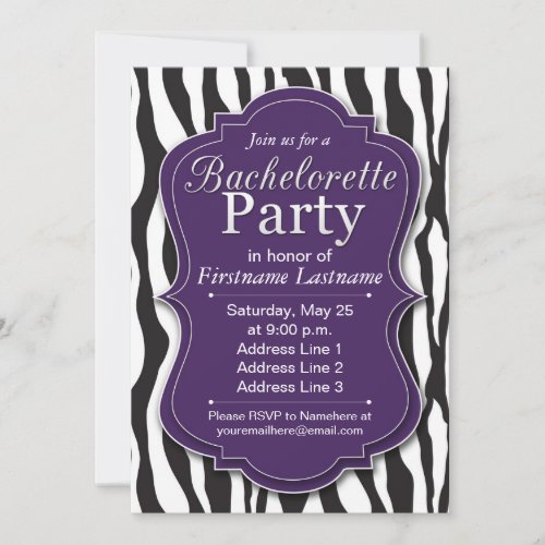 Purple Zebra Print Bachelorette Party Invitations