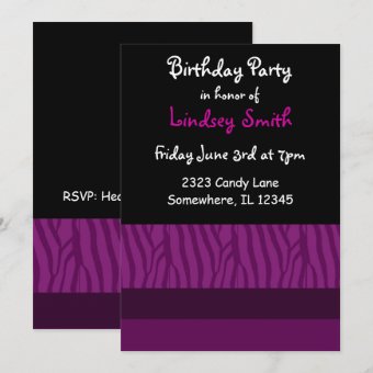 Purple Zebra Print Birthday Invitation | Zazzle