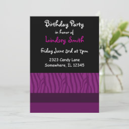 Purple Zebra Print Birthday Invitation | Zazzle