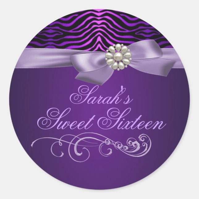 Purple Zebra Print & Bow Sweet 16 Envelope Sticker (Front)