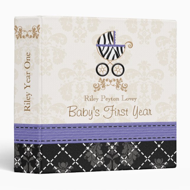 Purple Zebra Print Carriage Baby Photo Album Binder (Front/Spine)