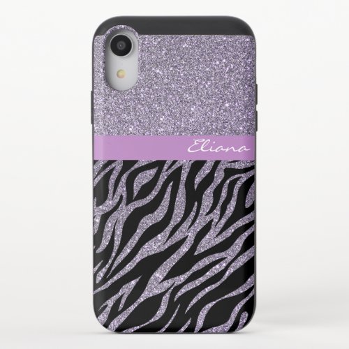 Purple Zebra Print Glitter Custom Name Beauty iPhone XR Slider Case