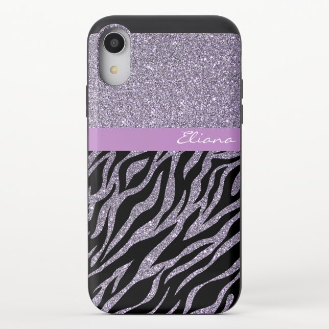 Purple Zebra Print Glitter Custom Name Beauty Uncommon iPhone Case (Back)