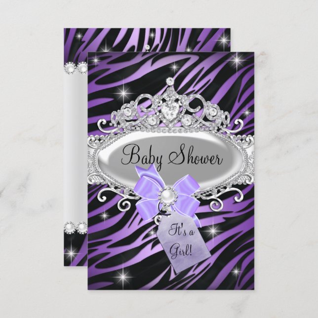 Purple Zebra Print & Princess Tiara Baby Shower Invitation (Front/Back)