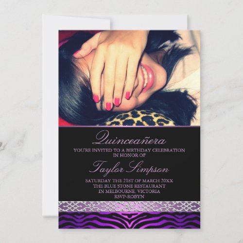 Purple Zebra Print Quinceaera Birthday invite