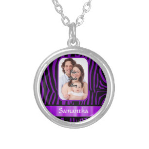 Purple zebra print silver plated necklace