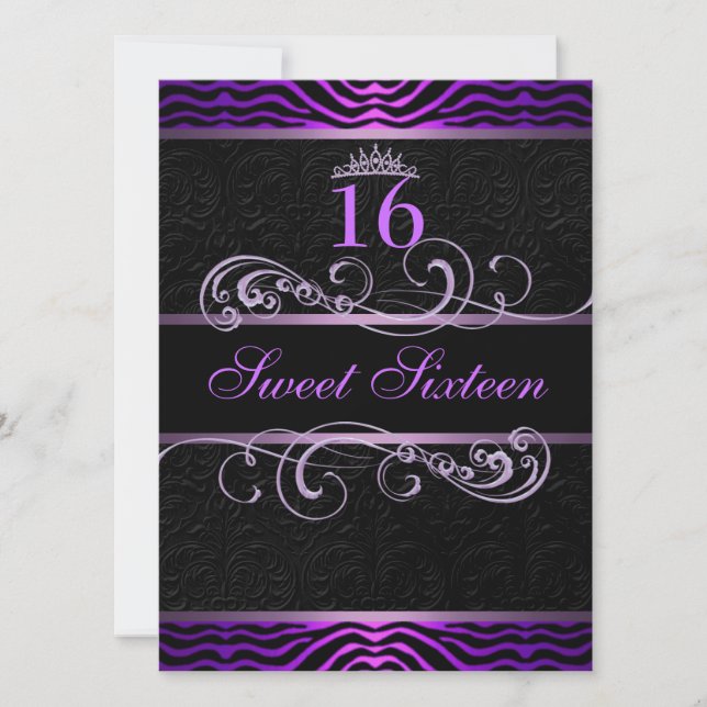 Purple Zebra Print & Swirl Sweet16 Birthday Invite (Front)