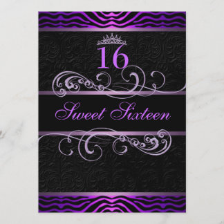 Purple Zebra Print & Swirl Sweet16 Birthday Invite