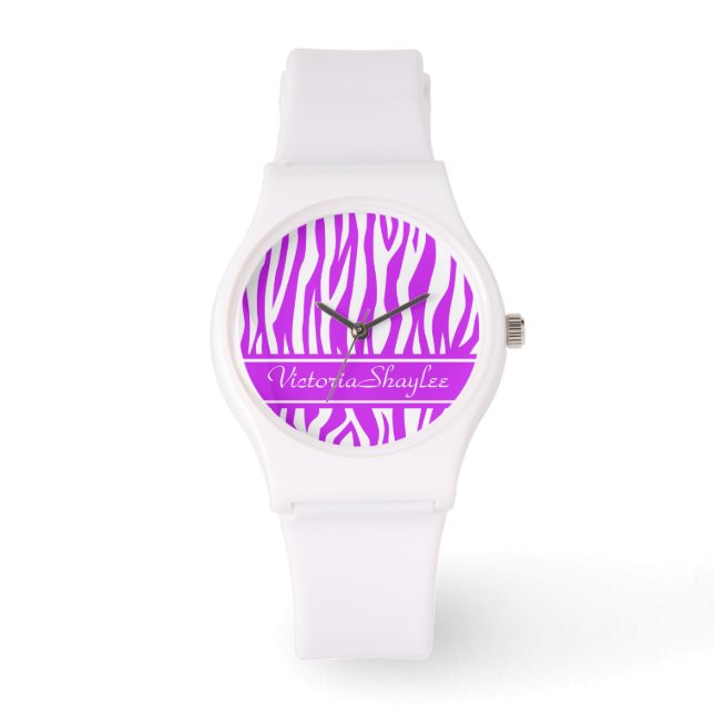 Purple Zebra Print with custom text Watch (Front)