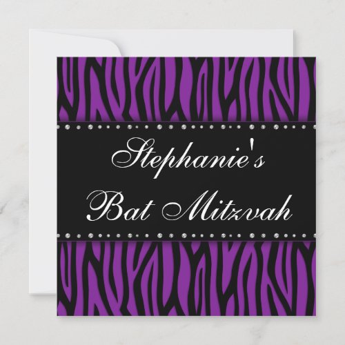 Purple Zebra Printed Diamonds Bat Mitzvah Personalized Announcements