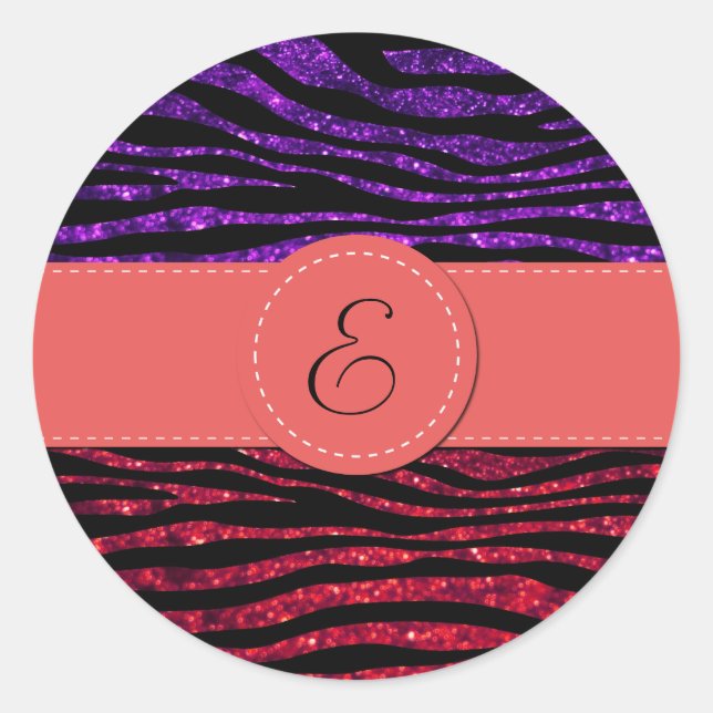 Purple Zebra, Red Zebra, Glitter Zebra, Monogram Classic Round Sticker (Front)