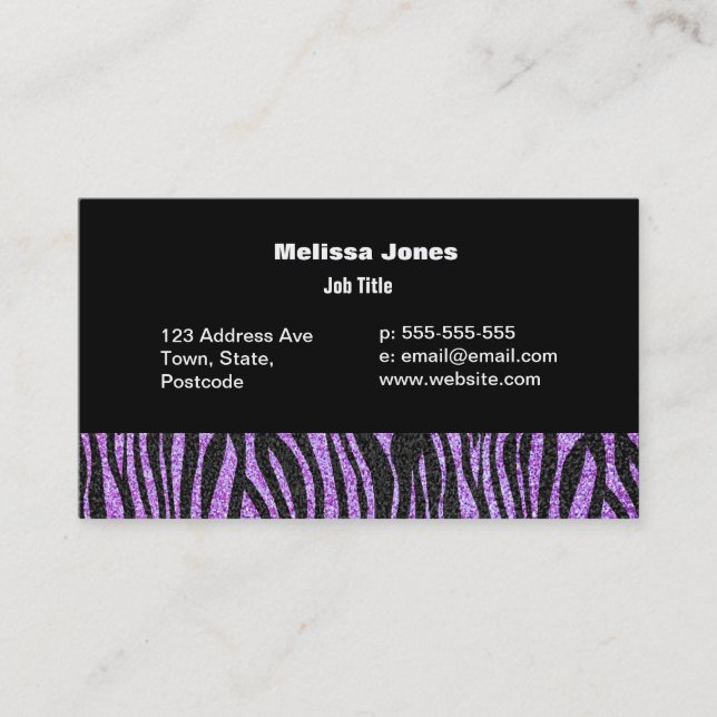 Purple Zebra stripe pattern (faux glitter bling) Business Card (Front)