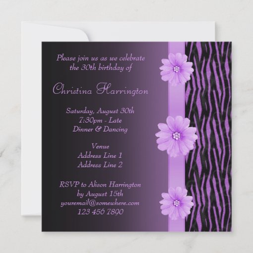 Purple Zebra Stripes Bling Flower Birthday Party Invitation | Zazzle