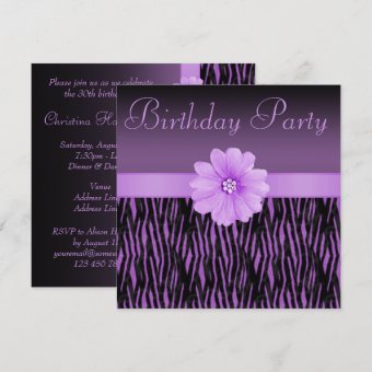 Purple Zebra Stripes Bling Flower Birthday Party Invitation | Zazzle