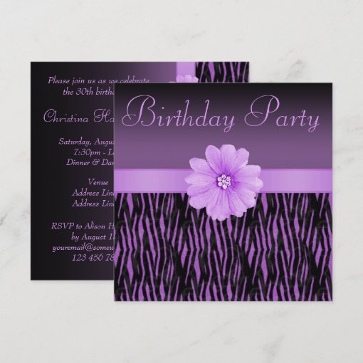 Purple Zebra Stripes Bling Flower Birthday Party Invitation | Zazzle