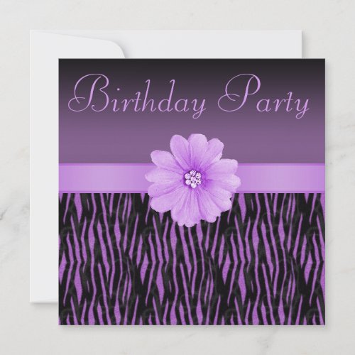 Purple Zebra Stripes Bling Flower Birthday Party Invitation