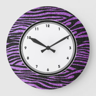 Purple Zebra stripes (faux glitter bling) Large Clock