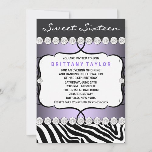 Purple Zebra Sweet Sixteen Birthday Party Invitation
