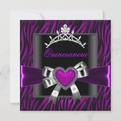 Purple Zebra Tiara Quinceanera 15th Birthday Party Invitation