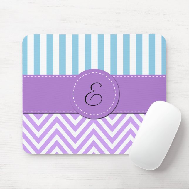 Purple Zigzag, Chevron, Blue Stripes, Monogram Mouse Pad (With Mouse)