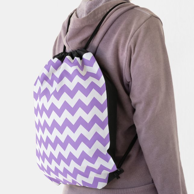 Purple Zigzag, Purple Chevron, Geometric Pattern Drawstring Bag (Insitu)