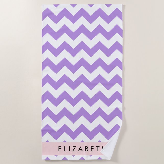 Purple Zigzag, Purple Chevron, Your Name Beach Towel (Front)