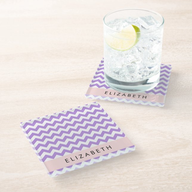 Purple Zigzag, Purple Chevron, Your Name Glass Coaster (Angled)