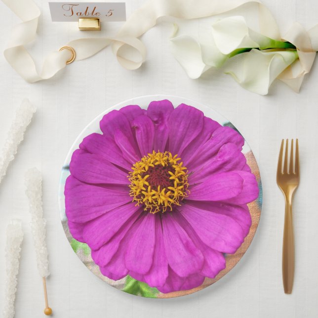 Purple Zinnia Flower in Bloom  Paper Plates (Wedding)