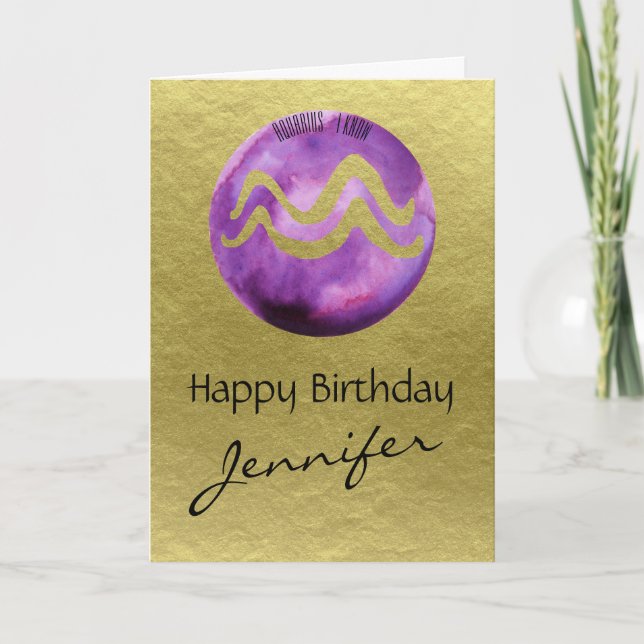 Purple Zodiac Sign Aquarius on Gold Background Holiday Card (Front)