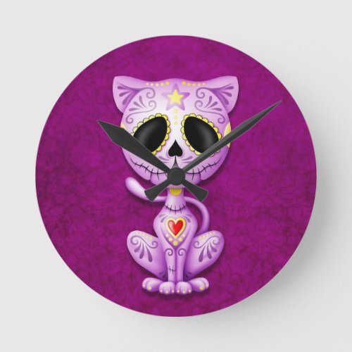 Purple Zombie Sugar Kitten Round Clock