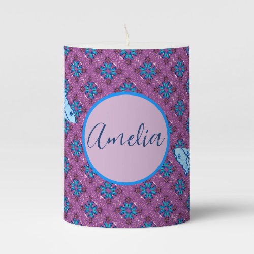 PurpleBlue Floral Pattern Personal Pillar Candle