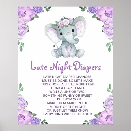 PurpleElephant Late Night Diapers Baby Shower Game Poster