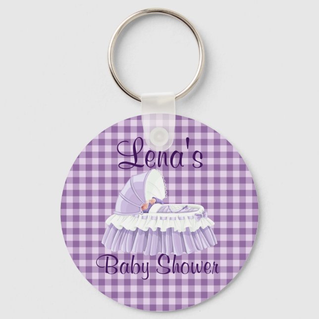 PurpleGingham VintageBaby RuffledBassinet Keychain (Front)