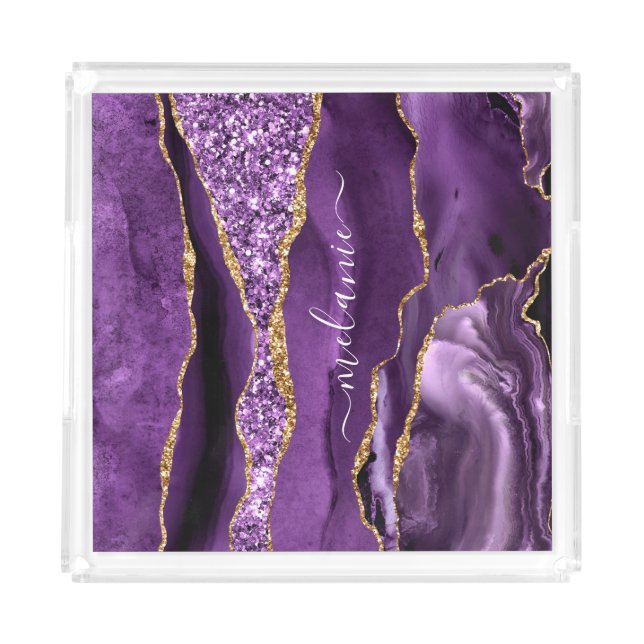PurpleGold Glitter Acrylic Tray with Custom Name (Front)