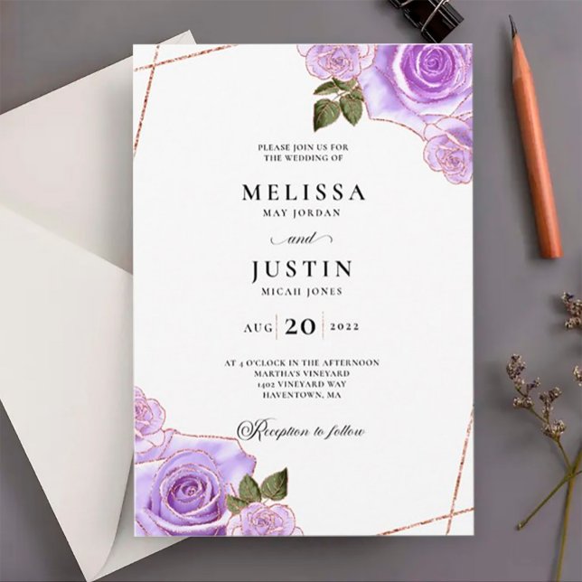 Purples and Gold Roses Glitter Wedding Invitation (Creator Uploaded)