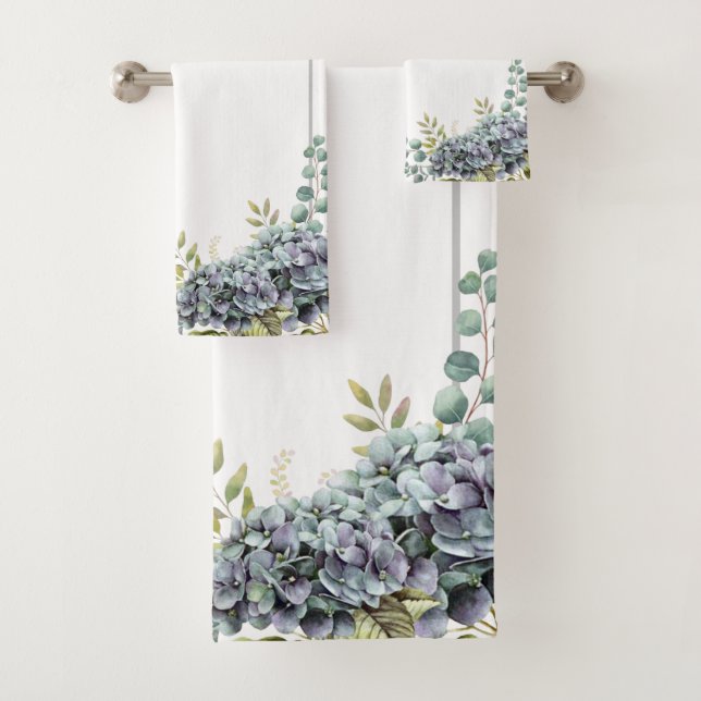Purplish Hydrangeas Eucalyptus Bathroom Towel Set (Insitu)