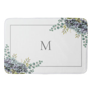 Purplish Hydrangeas Eucalyptus Monogrammed Bath Mat
