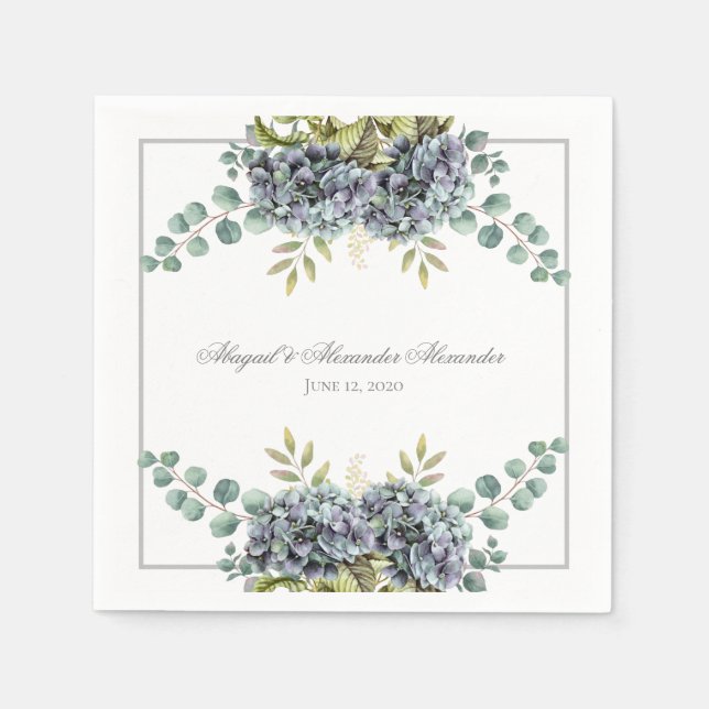 Purplish Hydrangeas Eucalyptus Wedding Napkins (Front)
