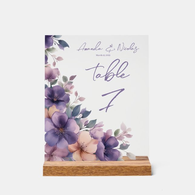 Purply pink flowers on Acrylic Table Sign (Front)