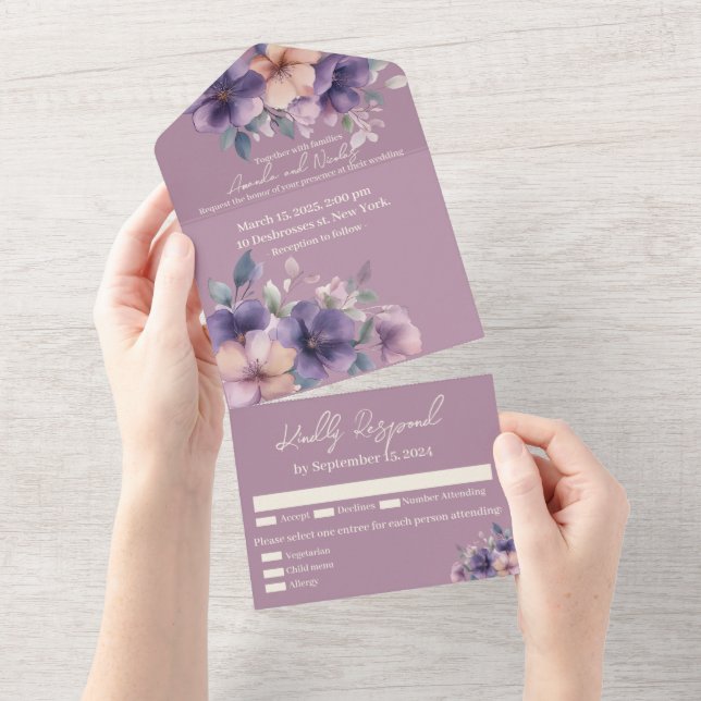 Purply pink flowers on All in One Wedding Invite (Tearaway)