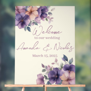 Purply pink flowers on Wedding Welcome Acrylic Sign