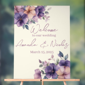 Purply pink flowers on  Wedding Welcome Acrylic Sign