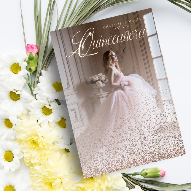 Purpurina Oro Rosa Tendencia XV Español Foto Foil Invitation (Creator Uploaded)