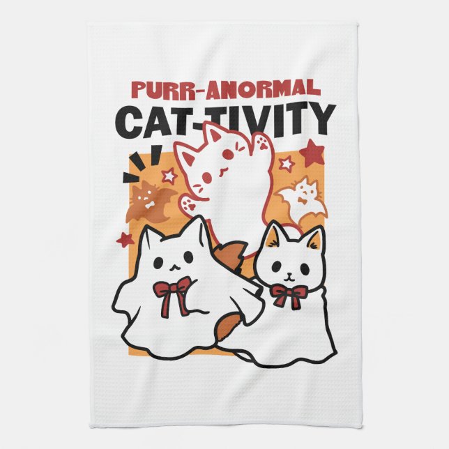 Purr-anormal Cat-tivity Cute Halloween Cat Design Kitchen Towel (Vertical)