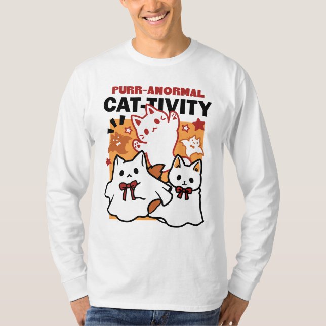 Purr-anormal Cat-tivity Cute Halloween Cat Design T-Shirt (Front)